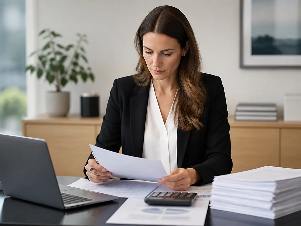 Revisor som granskar årsredovisning och finansiella dokument vid ett kontorsskrivbord