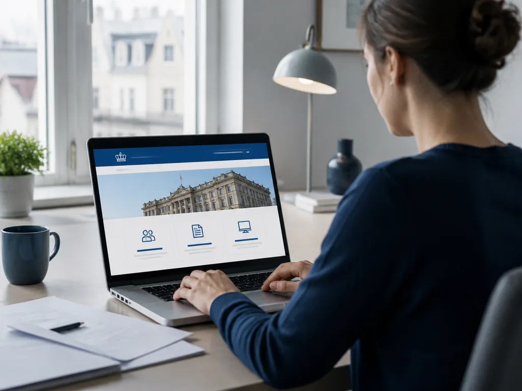 Person framför laptop på ett skandinaviskt kontor med myndighetsdokument, naturligt fönsterljus