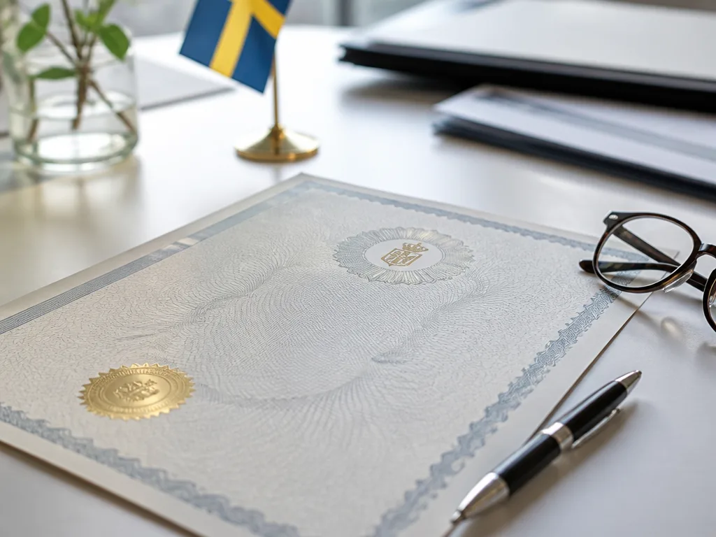 Officiellt registreringsdokument på ett kontorsskrivbord med penna och glasögon i naturligt ljus