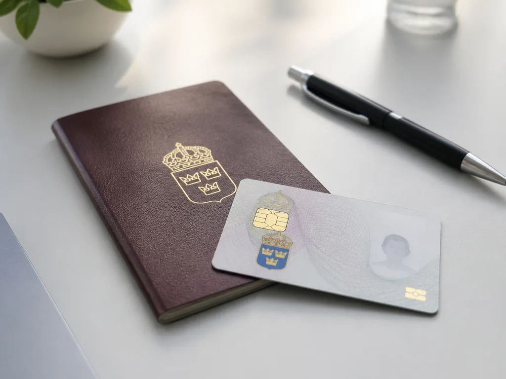 Officiellt identitetsdokument och ID-kort på ett rent skrivbord i naturligt ljus