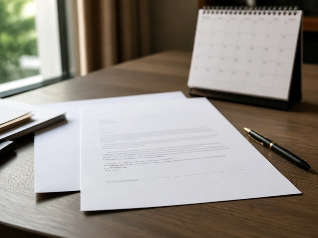 Formellt brev på ett träskrivbord med penna och kalender i mjukt naturligt fönsterljus