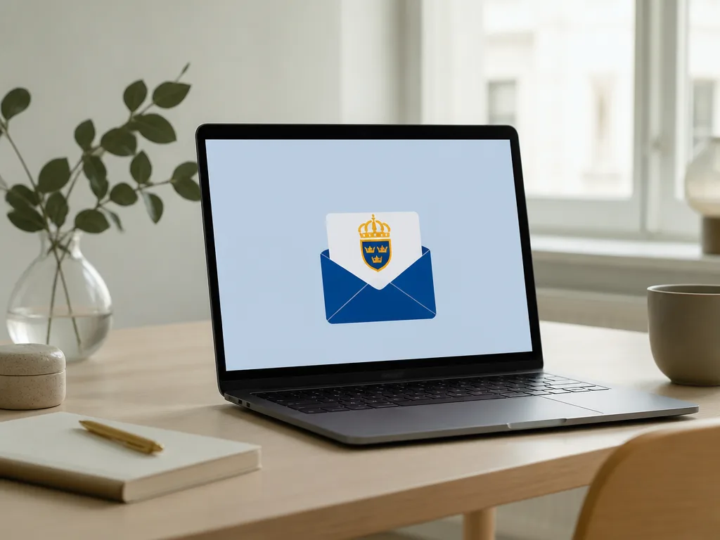 Laptop på ett skandinaviskt kontorsbord som visar en digital brevlåda för myndighetspost, naturligt fönsterljus