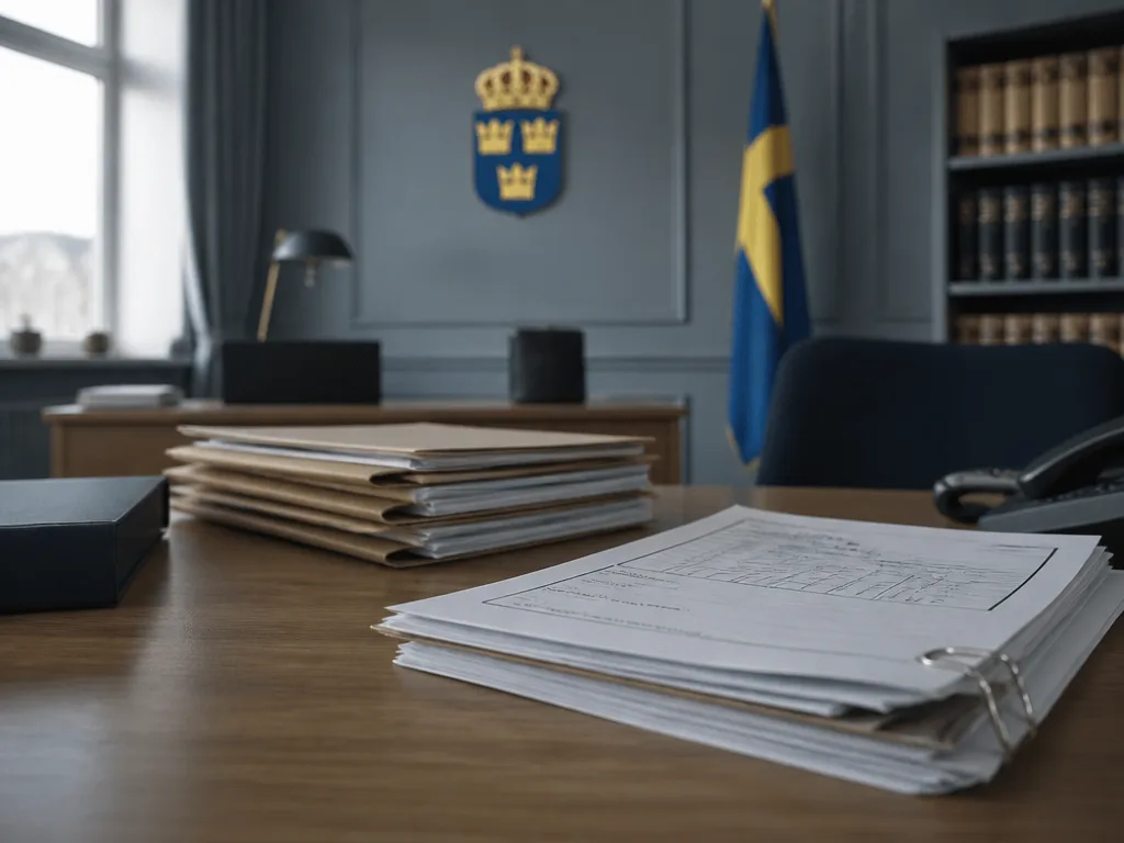 Officiella dokument och verkställighetshandlingar på ett träbord i ett professionellt kontorsmiljö